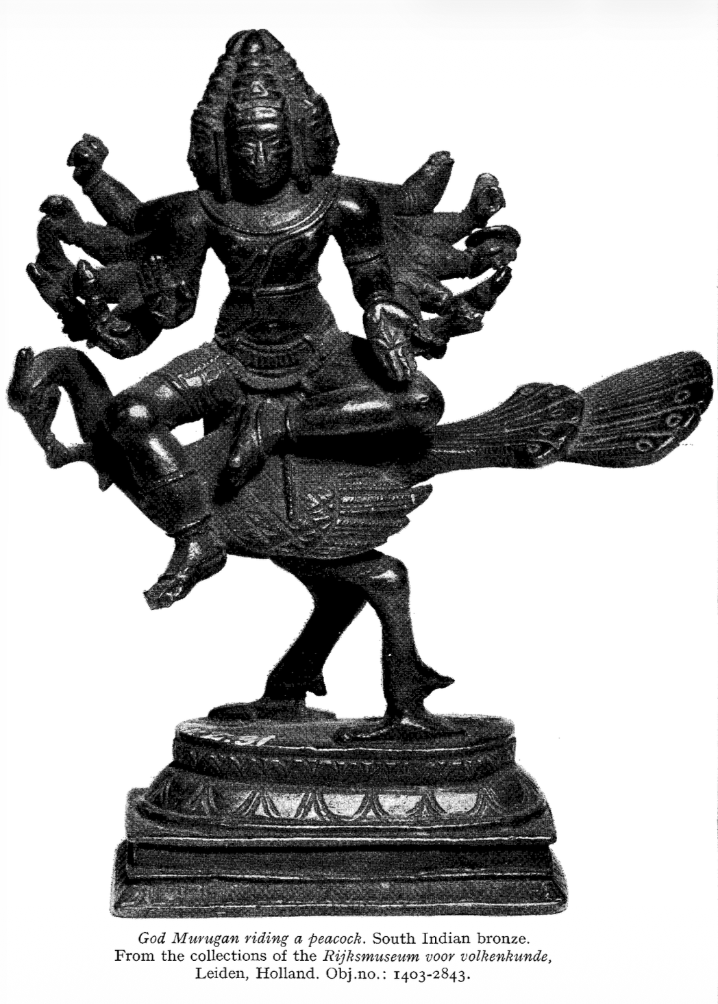 God Murugan riding a peacock. South Indian bronze.