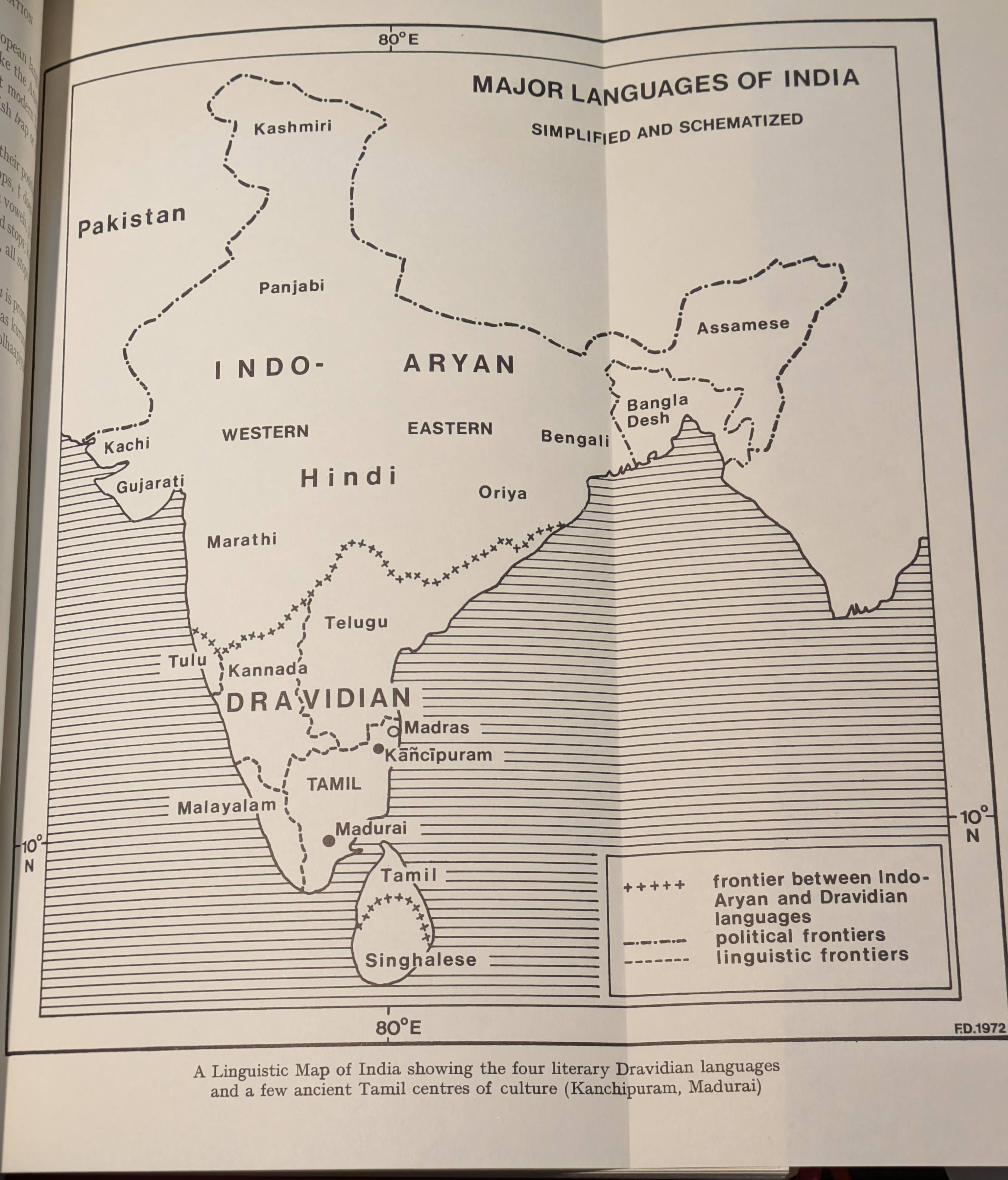A Linguistic Map of India showing the four literary Dravidian languages and a few ancient Tamil centres of culture (Kanchipuram, Madurai)